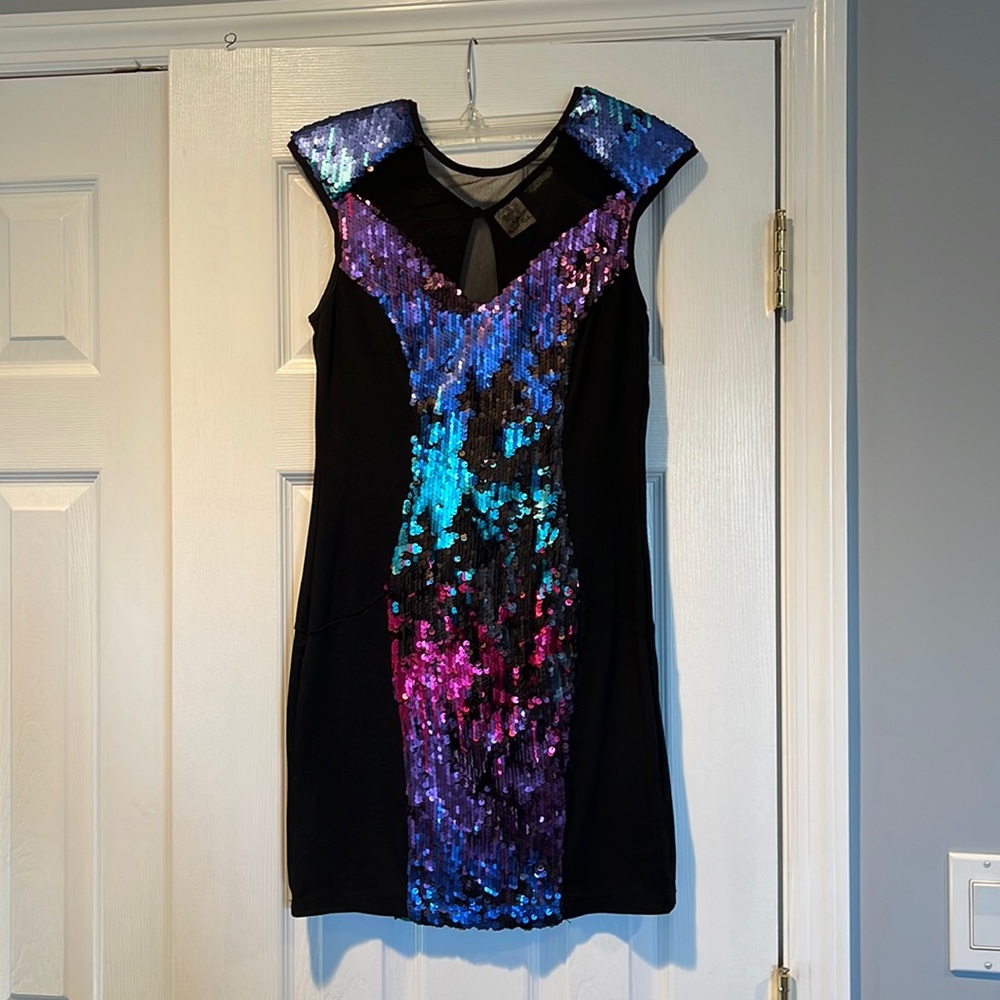 LF sequin mini dress with mesh neckline and padded shoulders